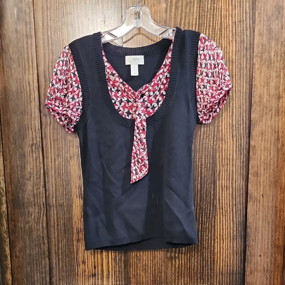 LOFT Black Blouse with Red Patterned Accents